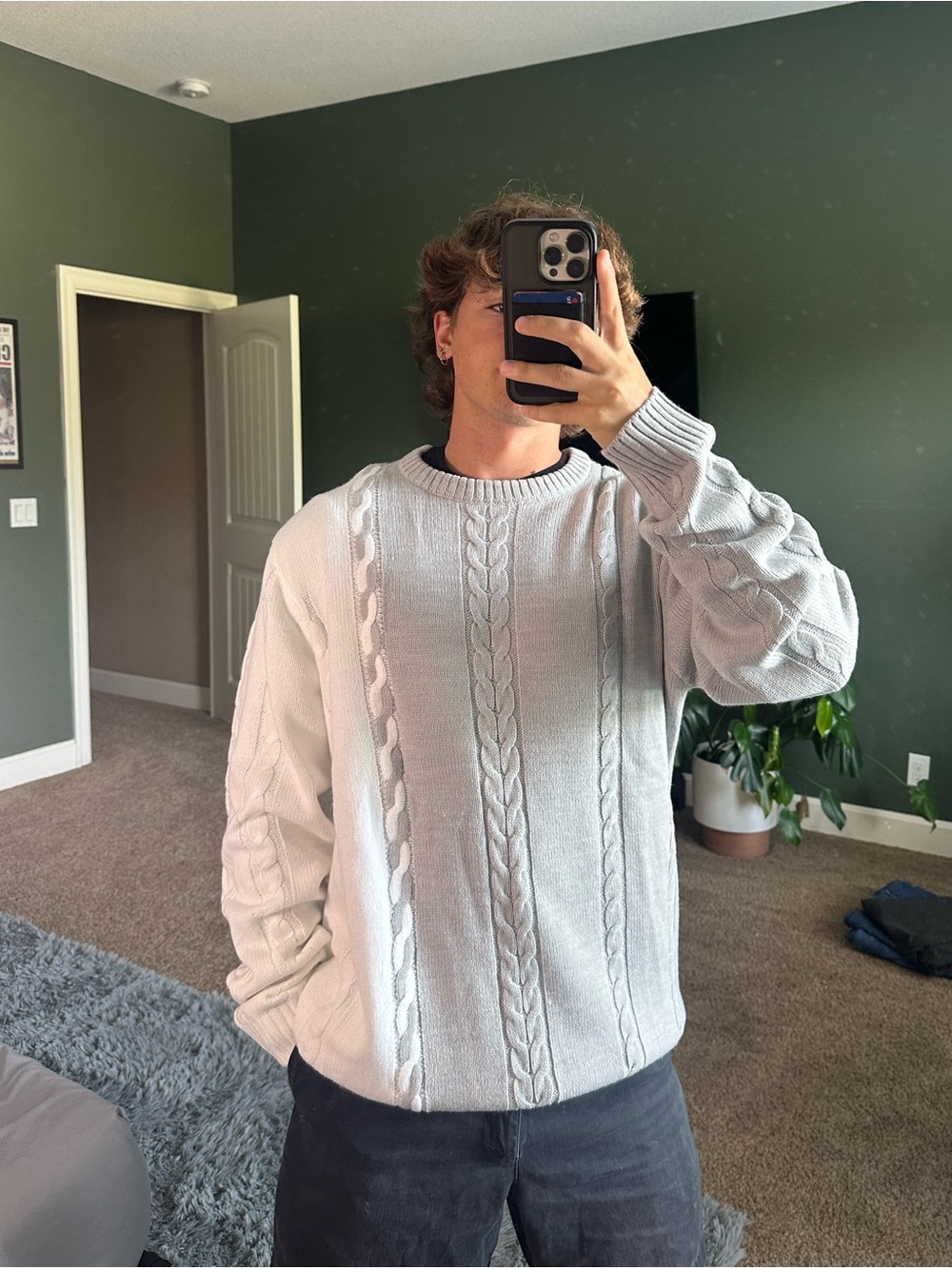 Fashion Nova Men's Two-Tone Cable Crewneck Sweater - Gray & White